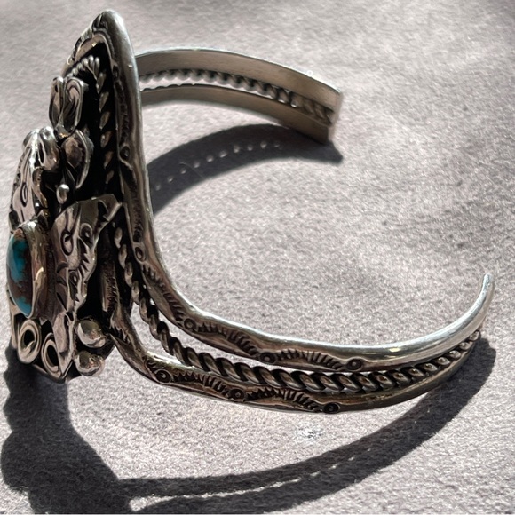 SOLD Jimmy F. Calabaza Signed Turquoise Sterling Silver Butterfly Kewa Bracelet - Picture 4 of 13